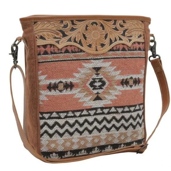 Myra Bag Boho Tooled Leather & Canvas Shoulder Bag New - Picture 4 of 9